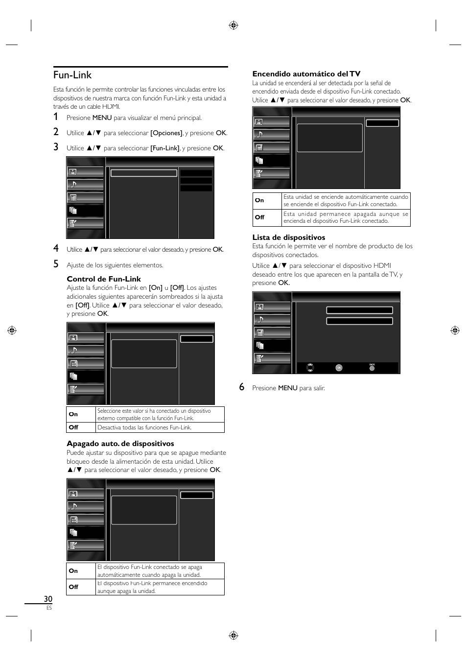 Fun-link, Control de fun-link, Apagado auto. de dispositivos | Encendido automático del tv, Lista de dispositivos | Sylvania LC190SL1 User Manual | Page 112 / 120