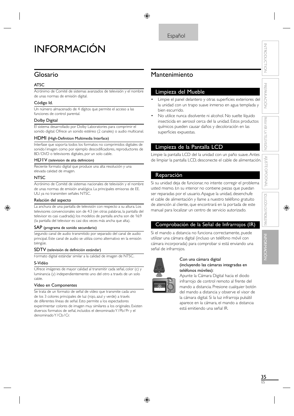 Información, Glosario, Mantenimiento | Español, Limpieza del mueble, Limpieza de la pantalla lcd, Reparación | Sylvania LC190SL1 User Manual | Page 117 / 120