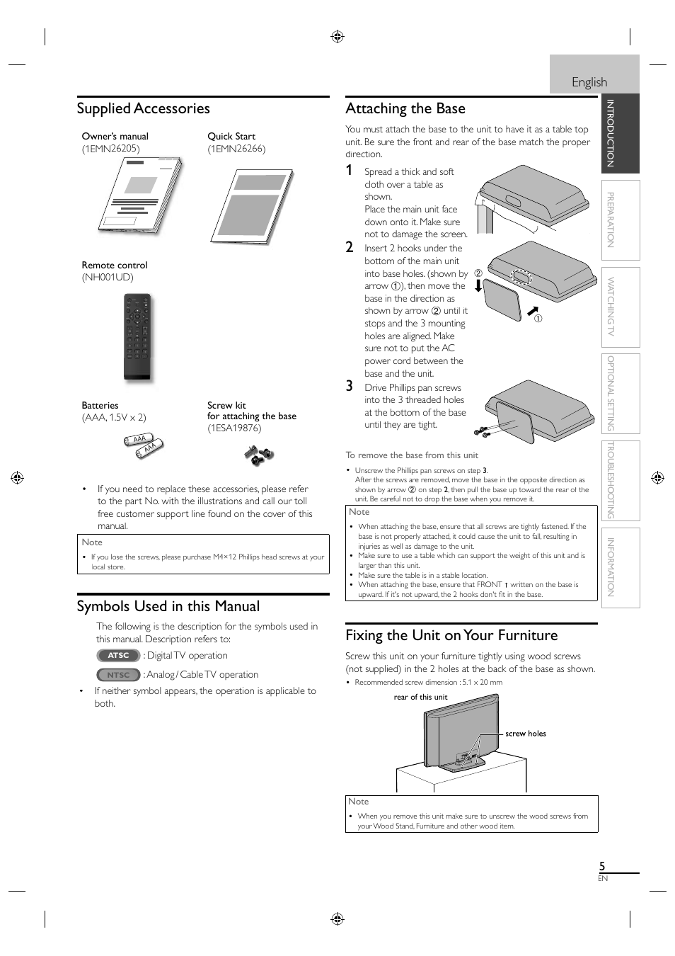 Supplied accessories, Symbols used in this manual, Attaching the base | Fixing the unit on your furniture, English | Sylvania LC190SL1 User Manual | Page 13 / 120