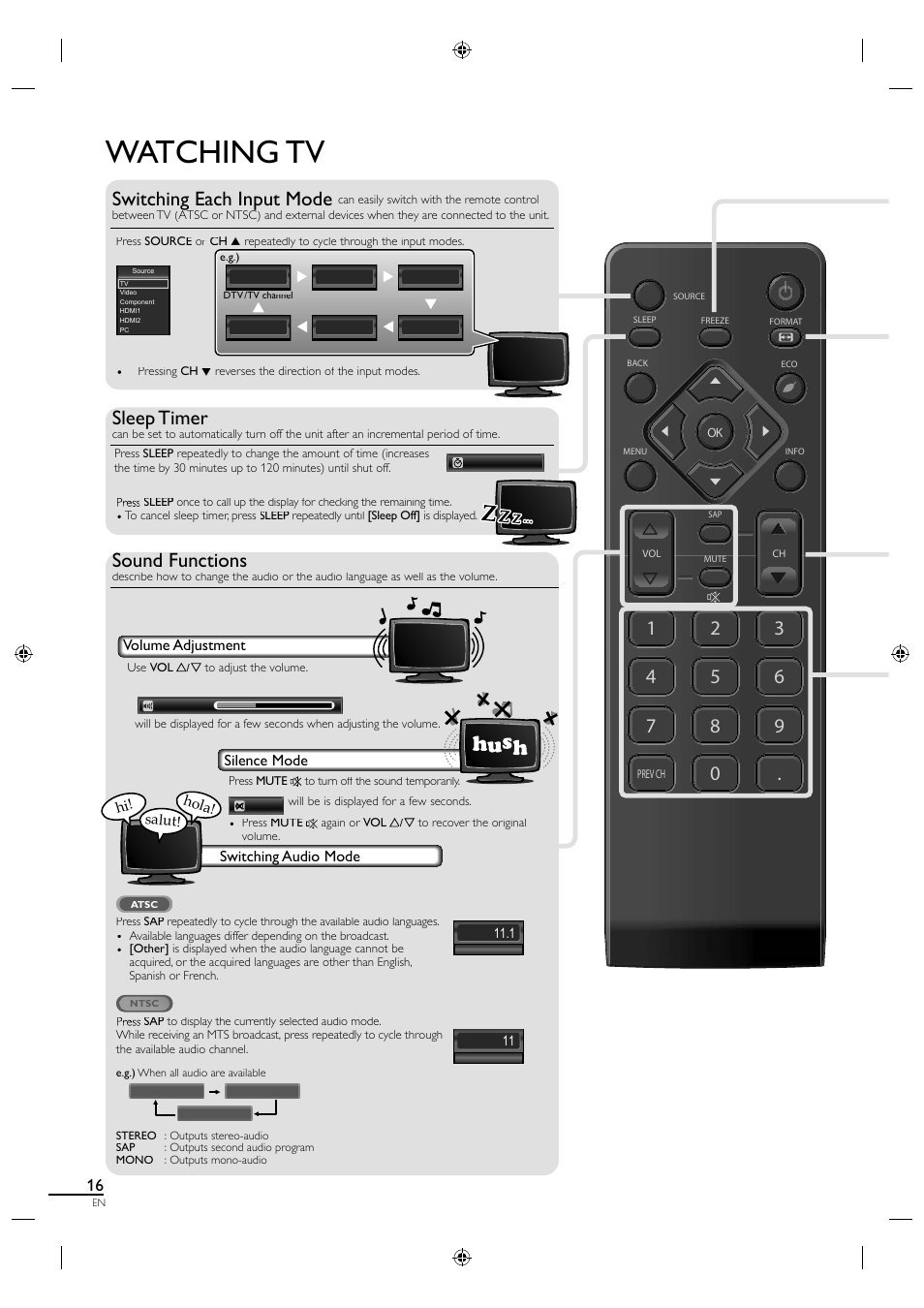 Watching tv, Switching each input mode, Sleep timer | Sound functions | Sylvania LC190SL1 User Manual | Page 24 / 120