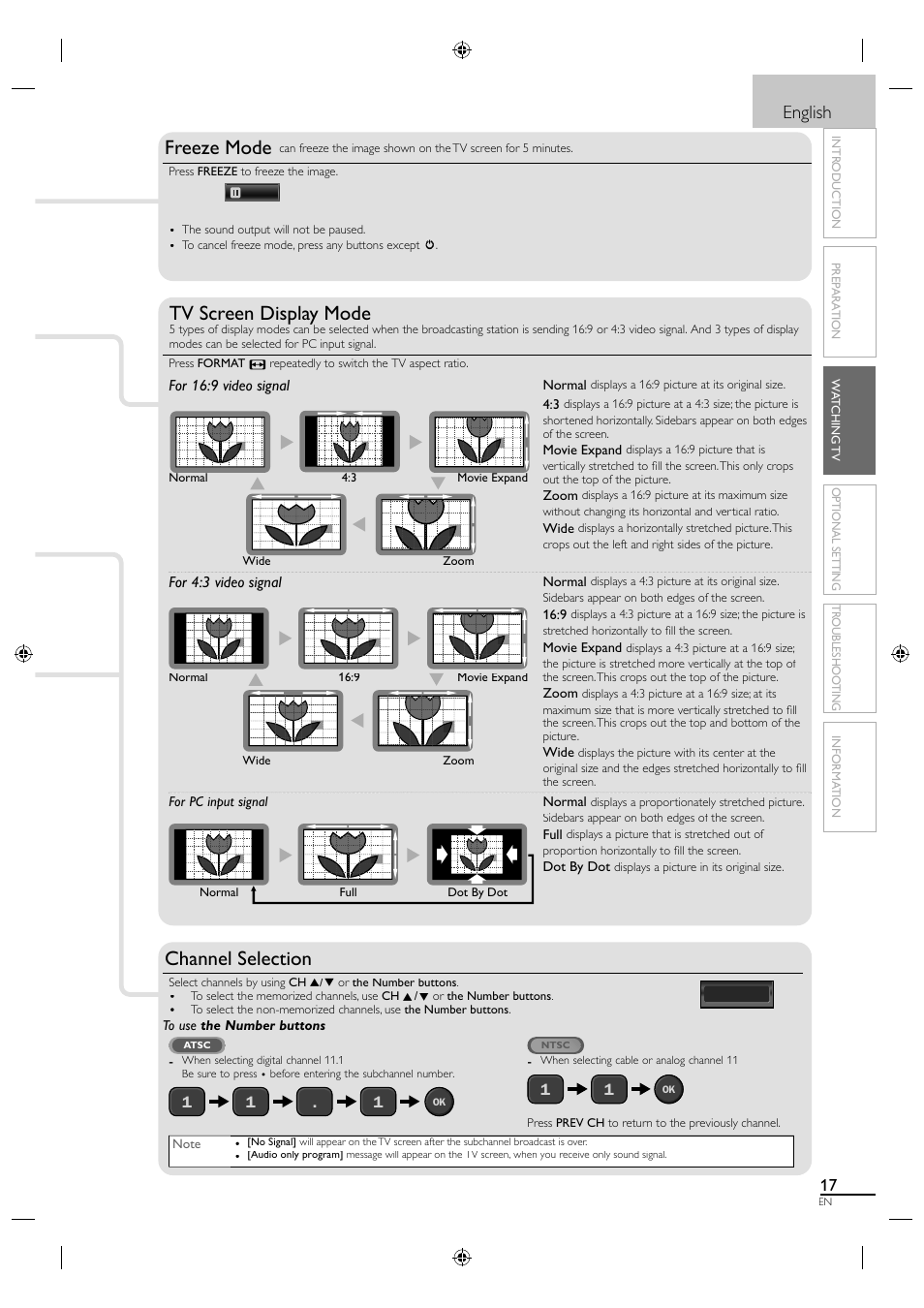Freeze mode, Tv screen display mode, Channel selection | English | Sylvania LC190SL1 User Manual | Page 25 / 120