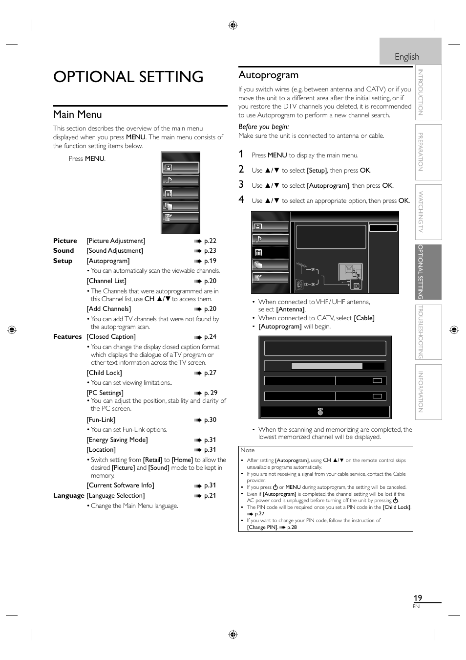 Optional setting, Main menu, Autoprogram | English | Sylvania LC190SL1 User Manual | Page 27 / 120