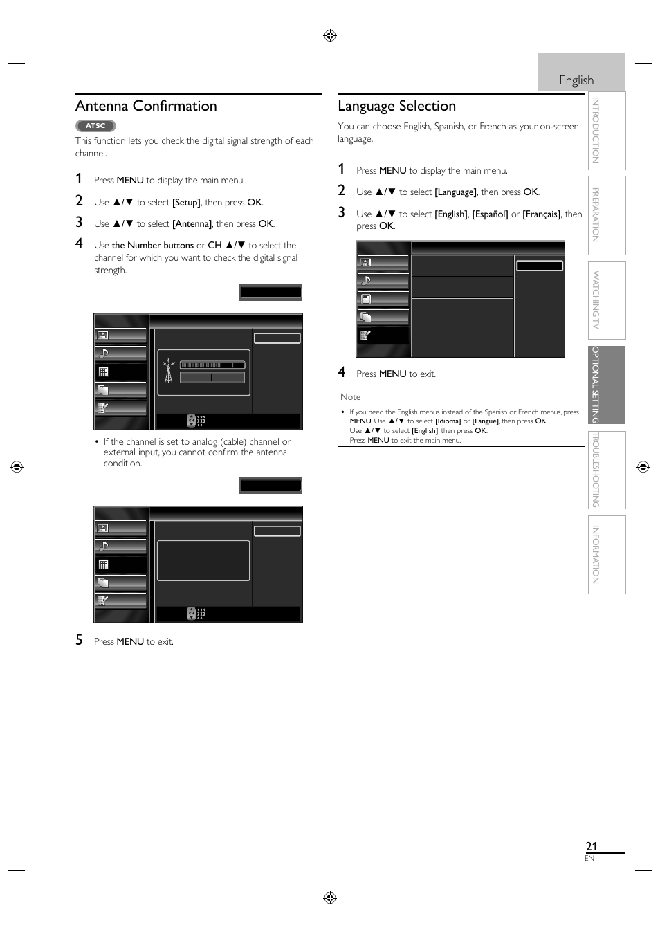 Antenna confi rmation, Language selection, English | Video | Sylvania LC190SL1 User Manual | Page 29 / 120