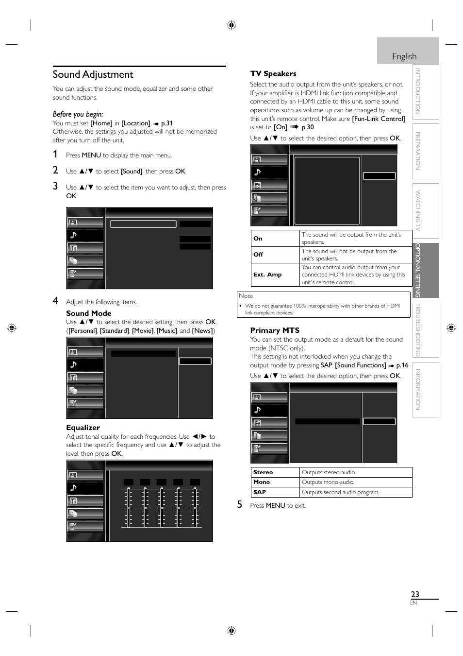 Sound adjustment, English, Before you begin | Sound mode, Equalizer, Primary mts | Sylvania LC190SL1 User Manual | Page 31 / 120
