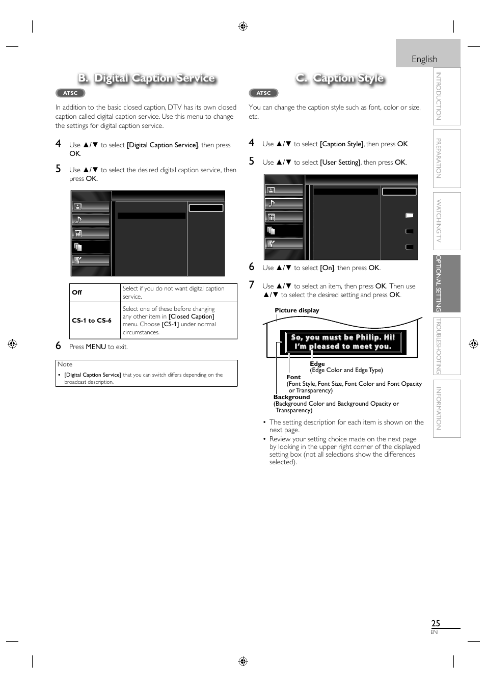 B. digital caption service, C. caption style, English | Sylvania LC190SL1 User Manual | Page 33 / 120