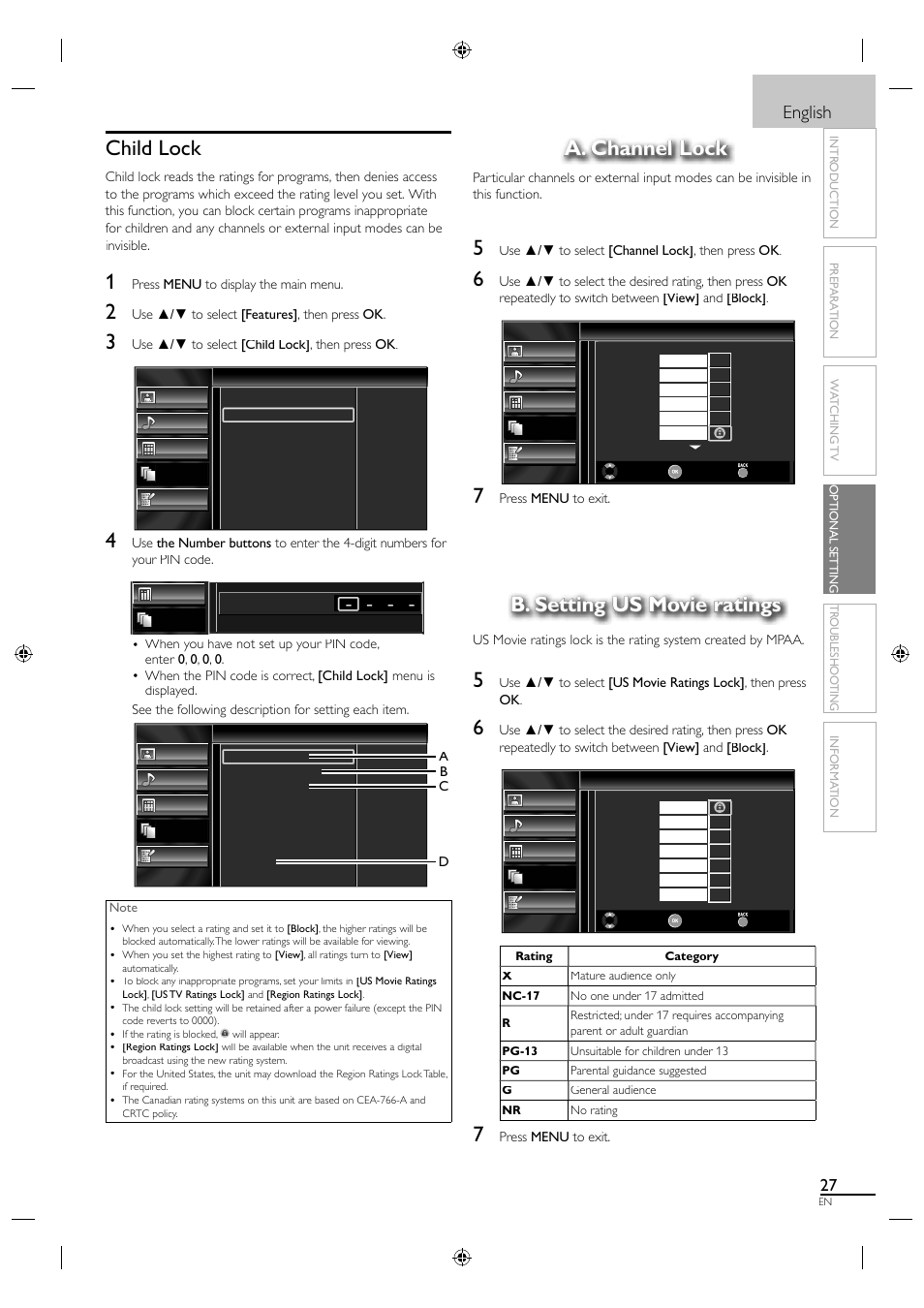 Child lock, A. channel lock, B. setting us movie ratings | English | Sylvania LC190SL1 User Manual | Page 35 / 120