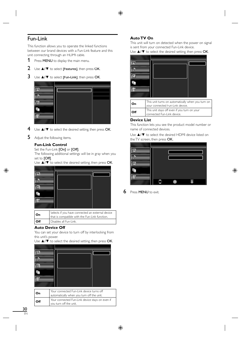 Fun-link, Fun-link control, Auto device off | Auto tv on, Device list | Sylvania LC190SL1 User Manual | Page 38 / 120