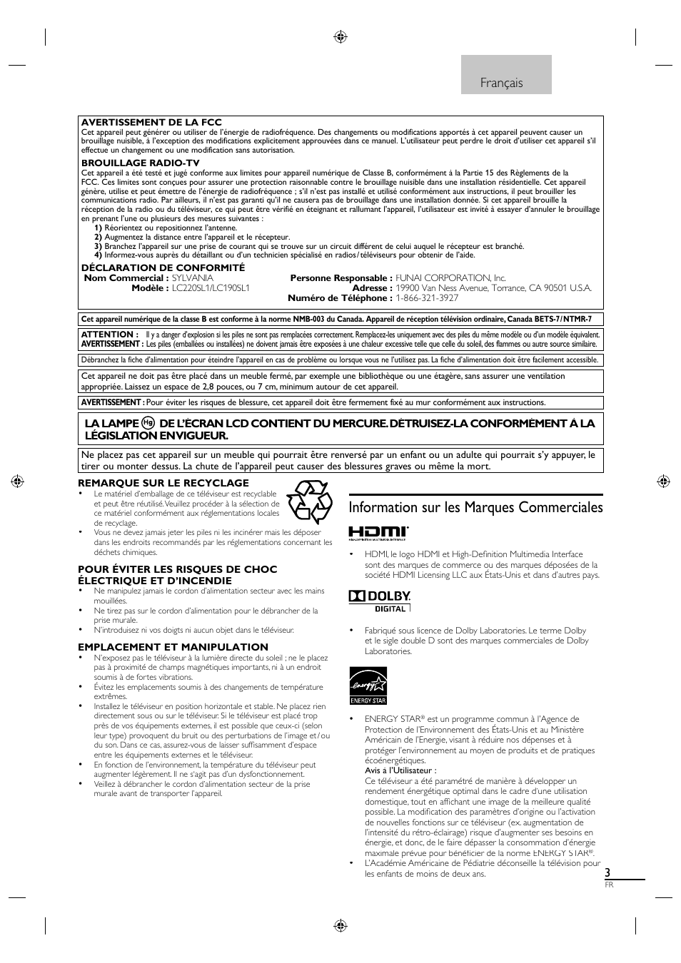 Information sur les marques commerciales, Français | Sylvania LC190SL1 User Manual | Page 48 / 120