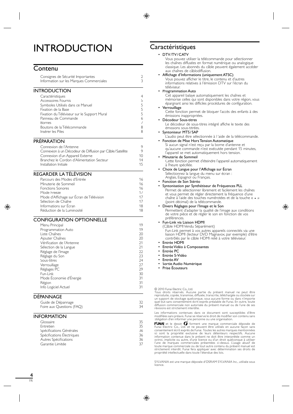 Introduction, Contenu, Caractéristiques | Préparation, Regarder la télévision, Configuration optionnelle, Dépannage, Information | Sylvania LC190SL1 User Manual | Page 49 / 120