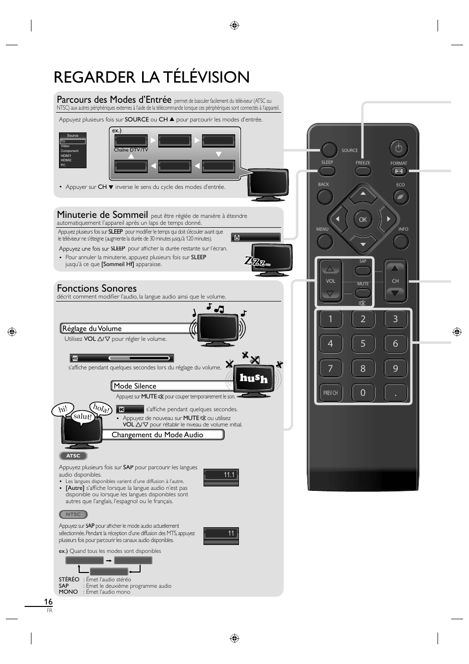 Regarder la télévision, Fonctions sonores, Parcours des modes d’entrée | Minuterie de sommeil | Sylvania LC190SL1 User Manual | Page 61 / 120