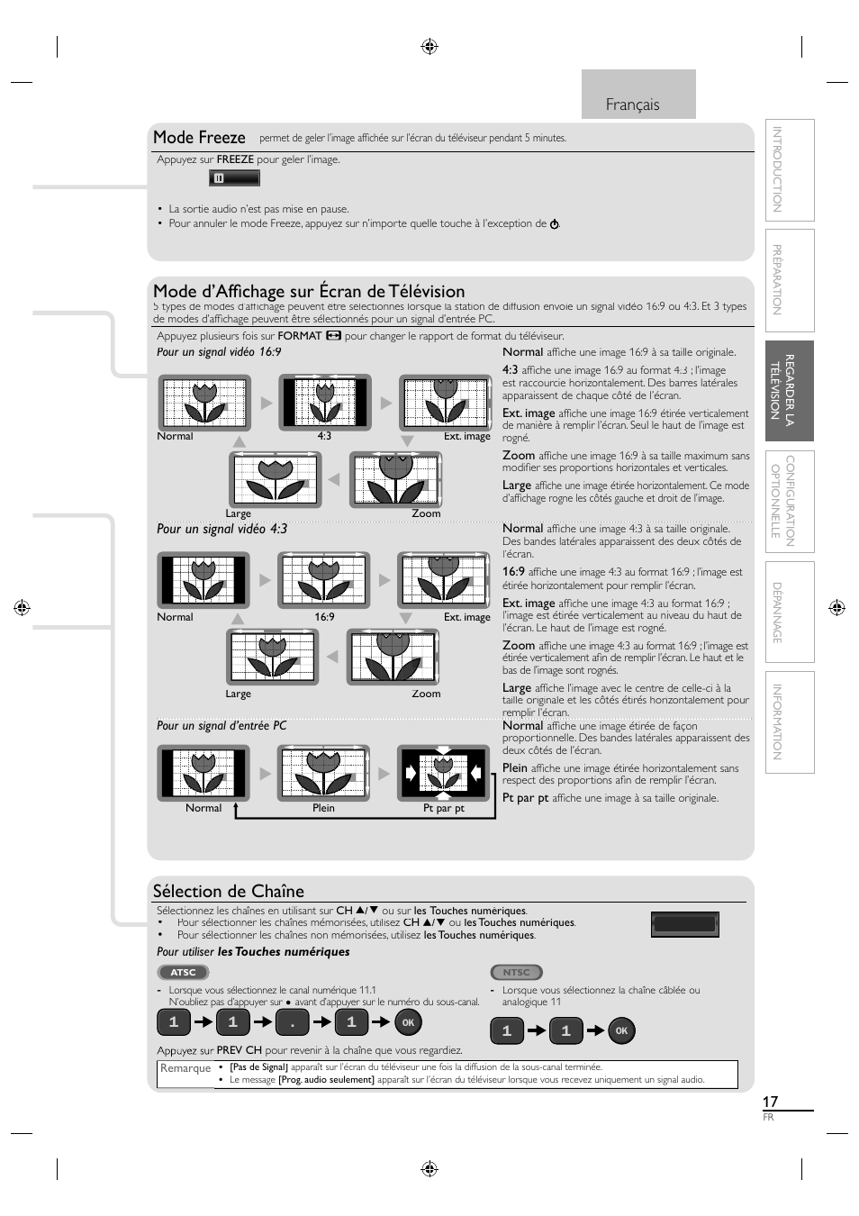 Mode freeze, Mode d’affi chage sur écran de télévision, Sélection de chaîne | Français | Sylvania LC190SL1 User Manual | Page 62 / 120