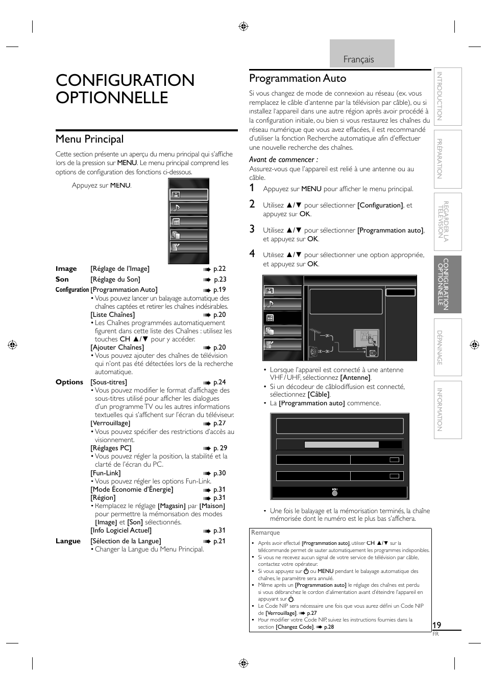 Configuration optionnelle, Menu principal, Programmation auto | Français | Sylvania LC190SL1 User Manual | Page 64 / 120