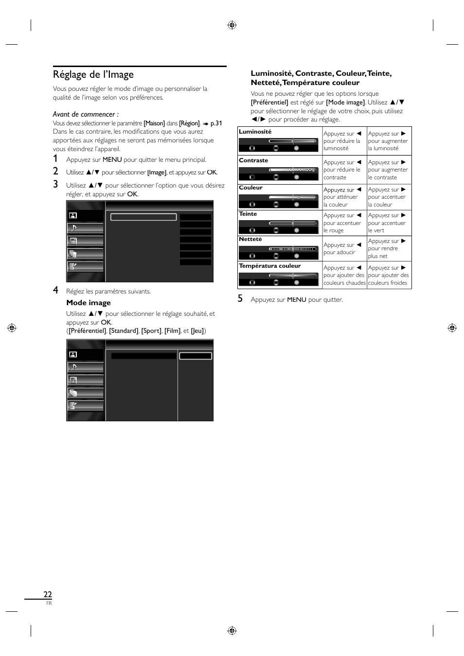 Réglage de l’image, Avant de commencer, Mode image | Sylvania LC190SL1 User Manual | Page 67 / 120