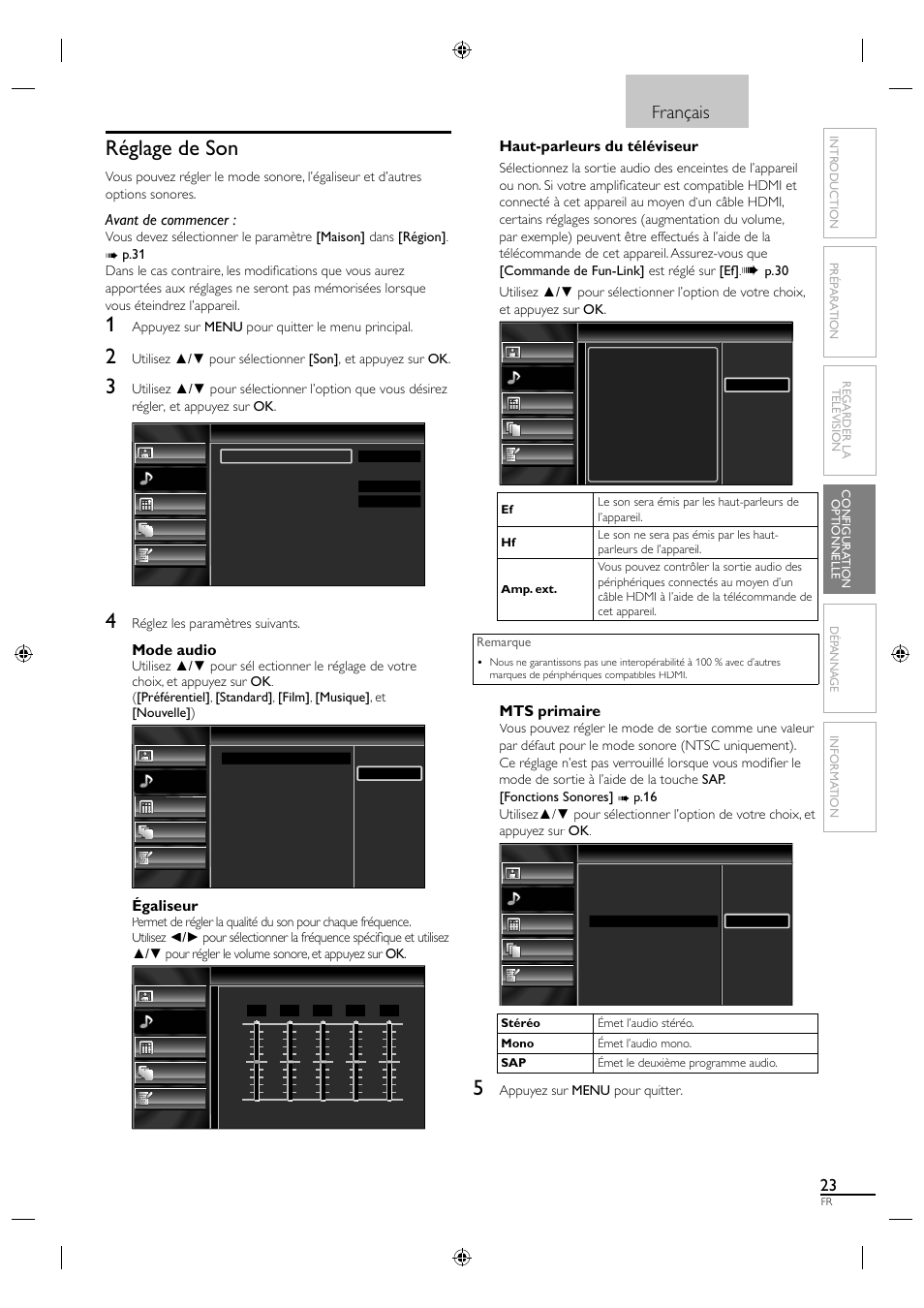 Réglage de son, Français, Avant de commencer | Mode audio, Égaliseur, Haut-parleurs du téléviseur, Mts primaire | Sylvania LC190SL1 User Manual | Page 68 / 120