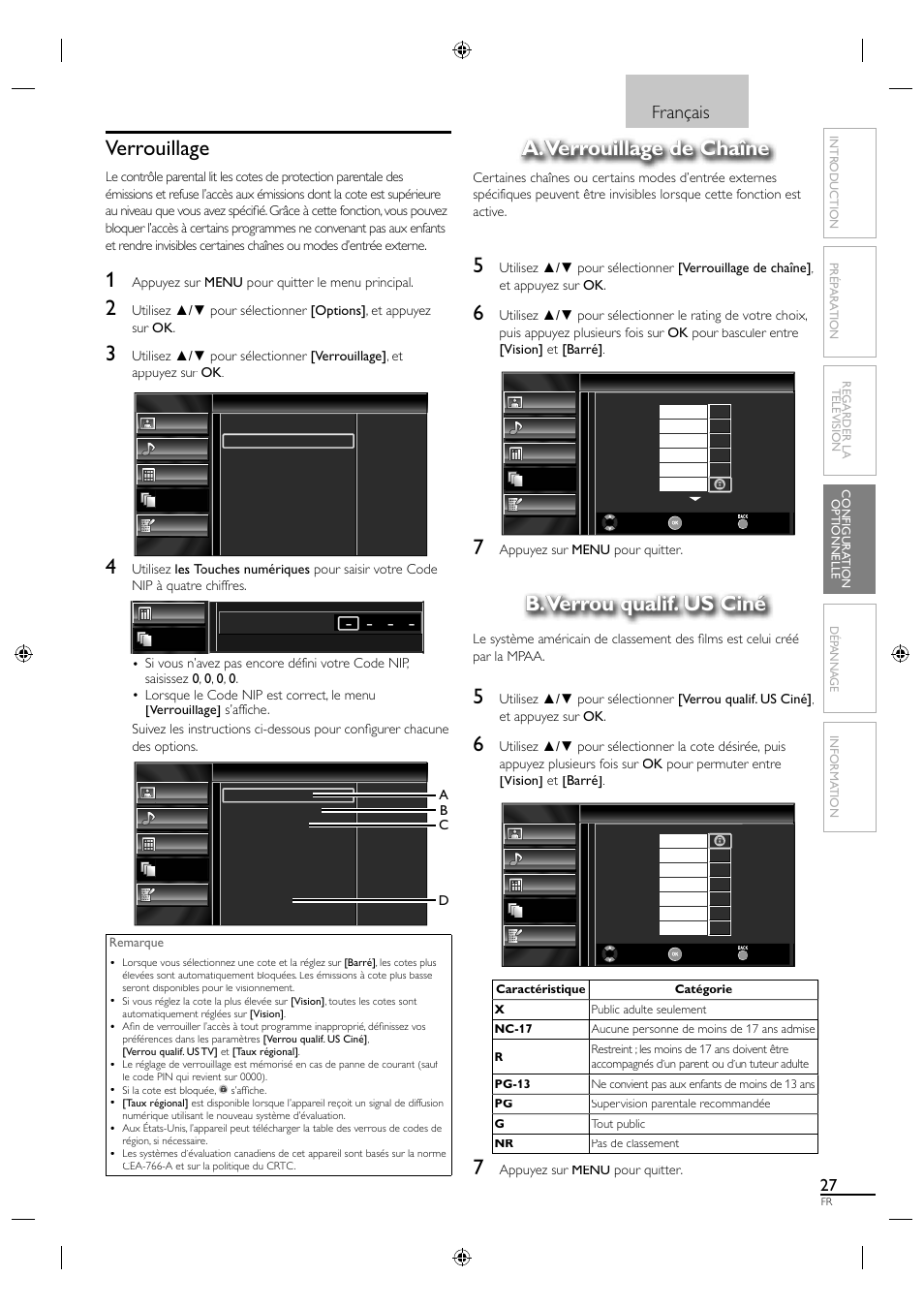 Verrouillage, A. verrouillage de chaîne, B. verrou qualif. us ciné | Français | Sylvania LC190SL1 User Manual | Page 72 / 120