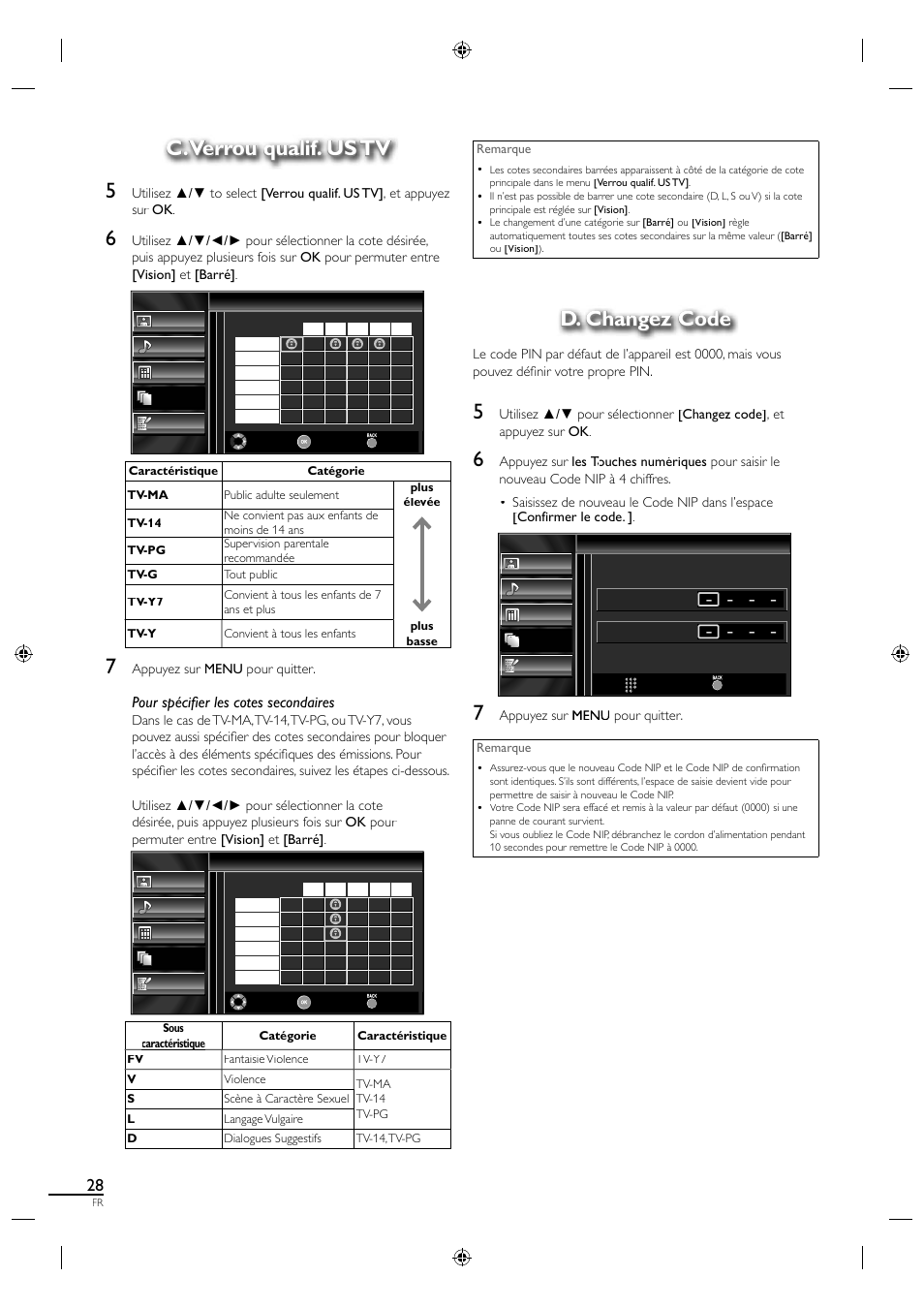 C. verrou qualif. us tv, C. verrou qualif. us tv 5, D. changez code | Pour spécifi er les cotes secondaires | Sylvania LC190SL1 User Manual | Page 73 / 120