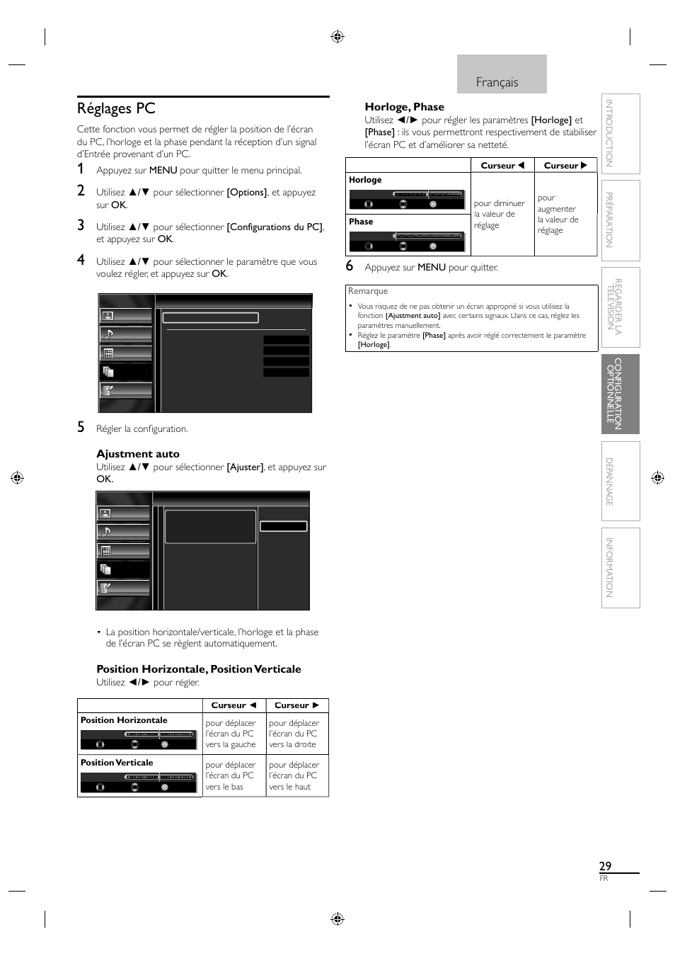 Réglages pc, Français, Ajustment auto | Position horizontale, position verticale, Horloge, phase | Sylvania LC190SL1 User Manual | Page 74 / 120