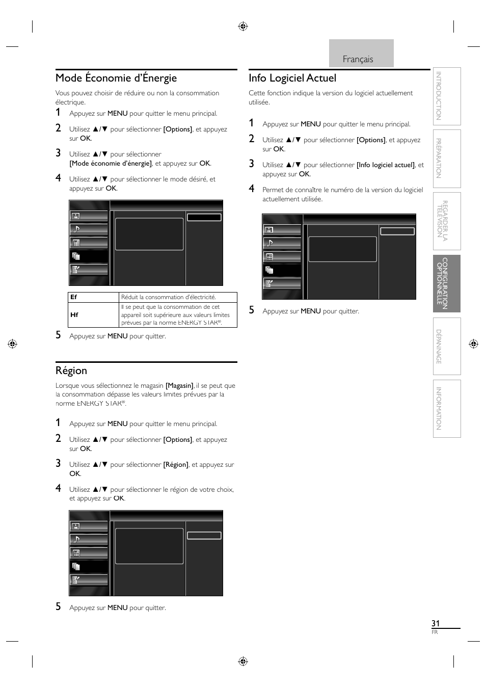 Mode économie d’énergie, Région, Info logiciel actuel | Français | Sylvania LC190SL1 User Manual | Page 76 / 120