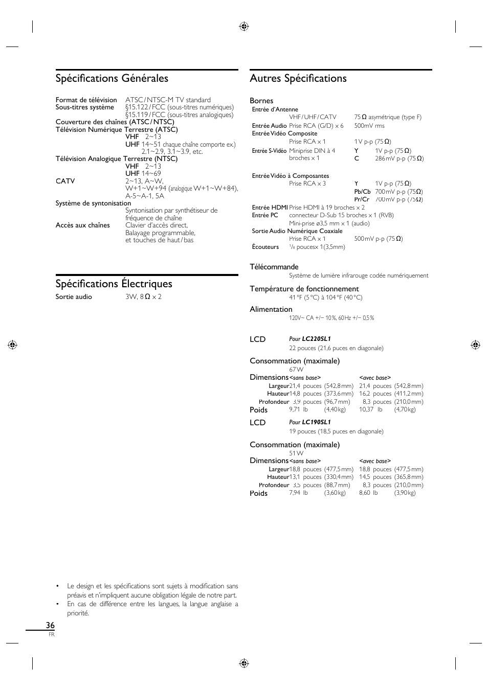 Spécifi cations générales, Spécifi cations électriques, Autres spécifi cations | Sylvania LC190SL1 User Manual | Page 81 / 120