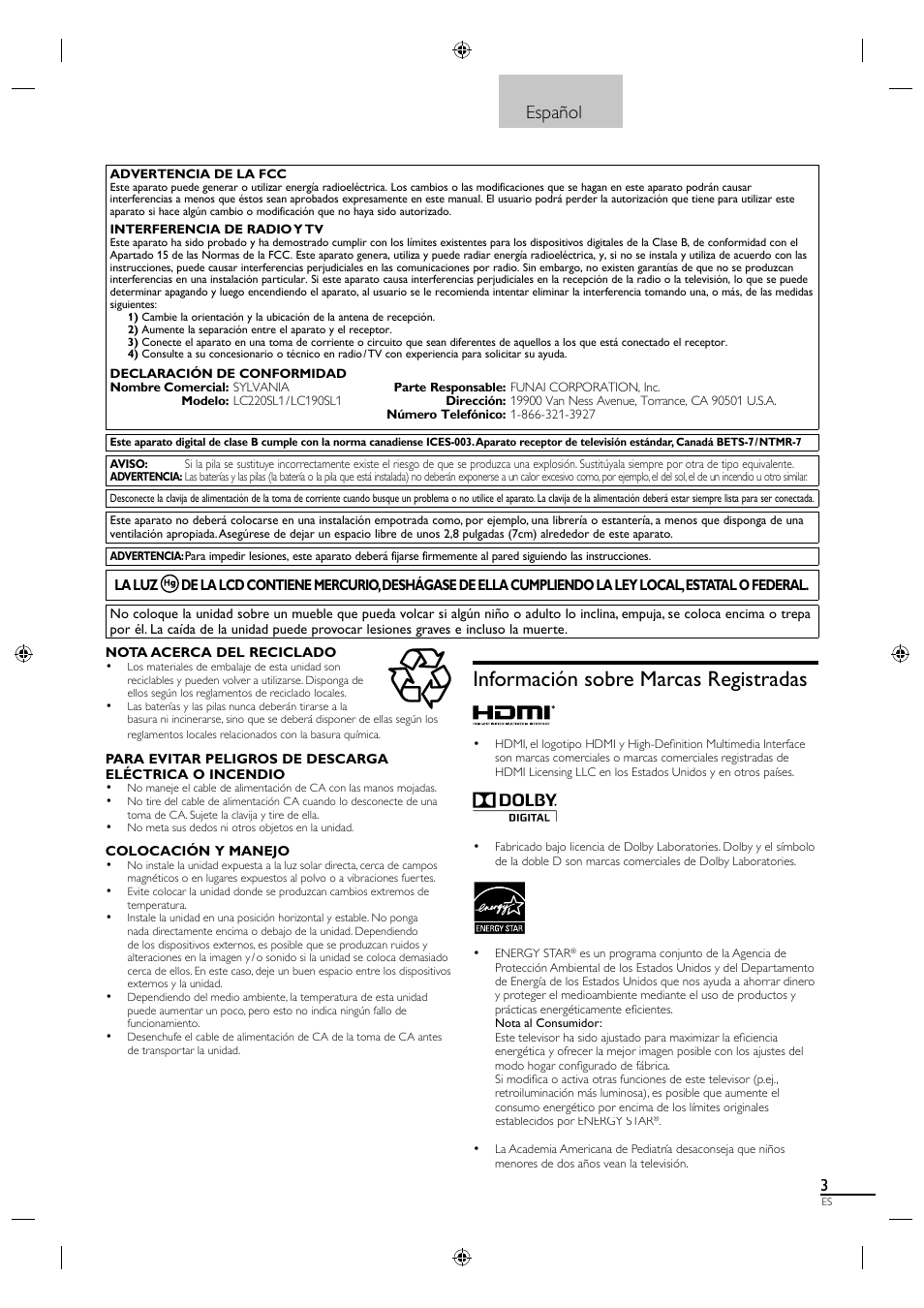 Información sobre marcas registradas, Español | Sylvania LC190SL1 User Manual | Page 85 / 120