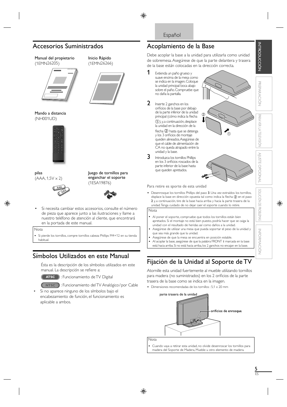 Accesorios suministrados, Símbolos utilizados en este manual, Acoplamiento de la base | Fijación de la unidad al soporte de tv, Español | Sylvania LC190SL1 User Manual | Page 87 / 120