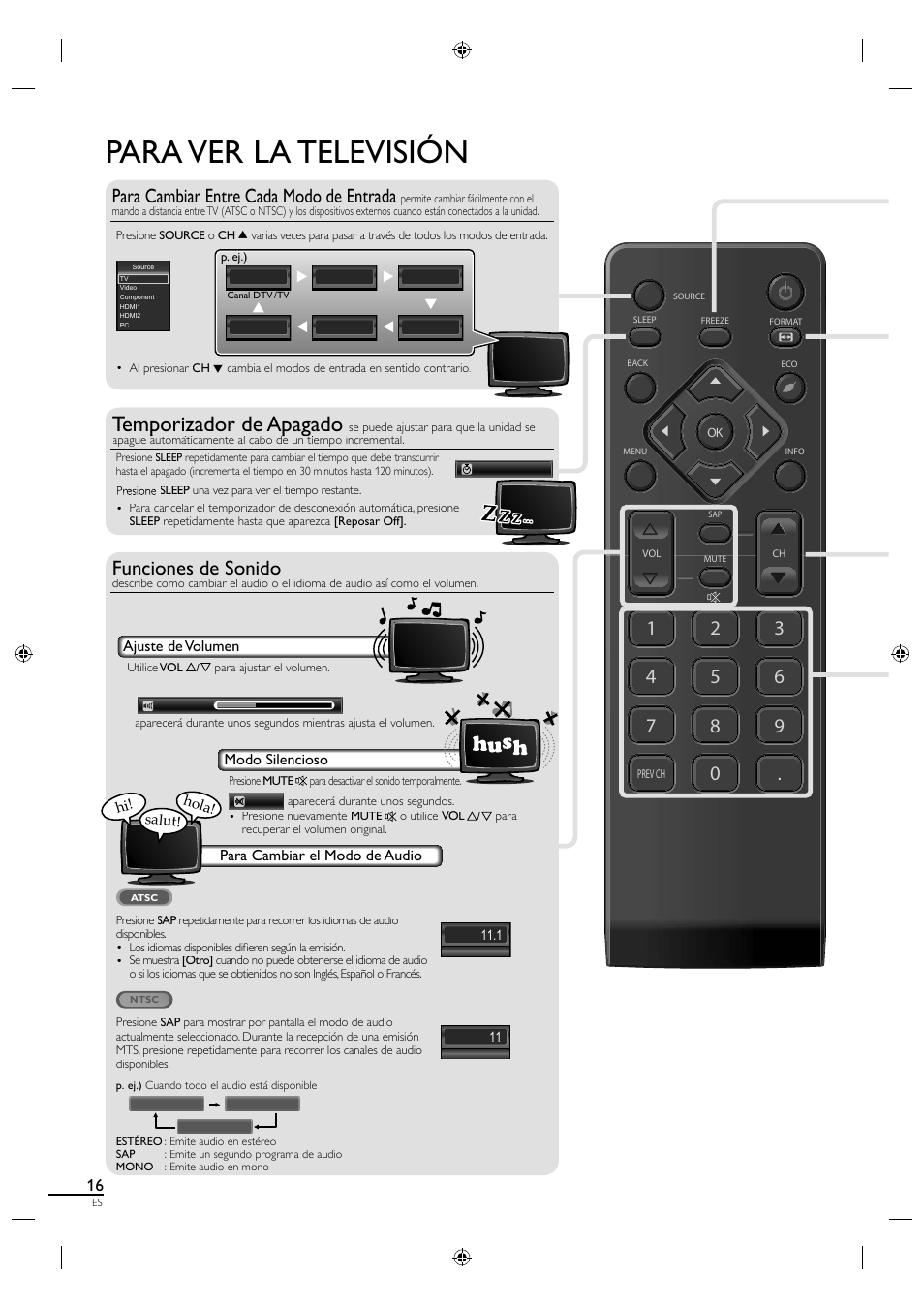 Para ver la televisión, Temporizador de apagado, Pp g p g | Para cambiar entre cada modo de entrada, Funciones de sonido | Sylvania LC190SL1 User Manual | Page 98 / 120