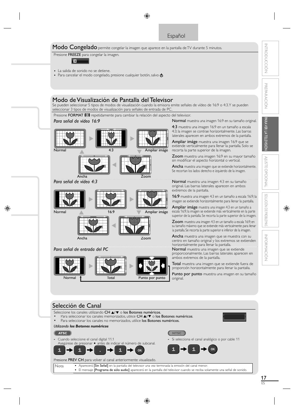 Modo congelado, Modo de visualización de pantalla del televisor, Selección de canal | Español | Sylvania LC190SL1 User Manual | Page 99 / 120