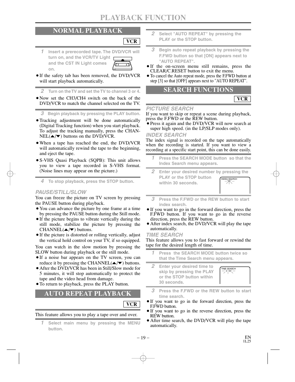 Playback function, Normal playback, Auto repeat playback | Search functions | Sylvania DVC800CC User Manual | Page 19 / 42