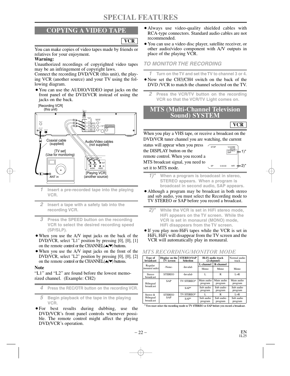 Special features, Copying a video tape, Mts (multi-channel television sound) system | Mts recording/monitor mode, Insert a pre-recorded tape into the playing vcr, Press the rec/otr button on the recording vcr, Begin playback of the tape in the playing vcr, Turn on the tv and set the tv to channel 3 or 4 | Sylvania DVC800CC User Manual | Page 22 / 42