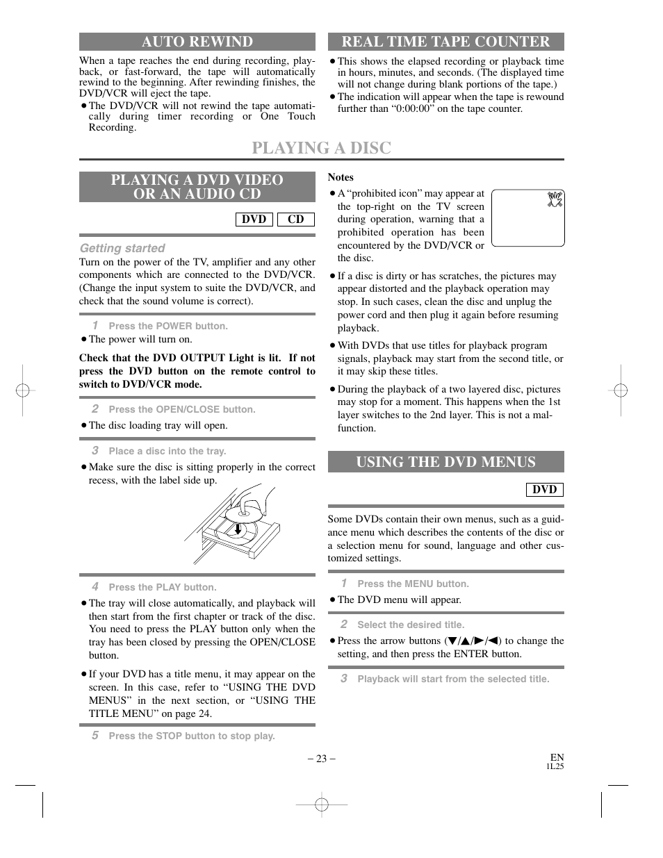 Playing a disc, Playing a dvd video or an audio cd, Using the dvd menus | Auto rewind, Real time tape counter | Sylvania DVC800CC User Manual | Page 23 / 42