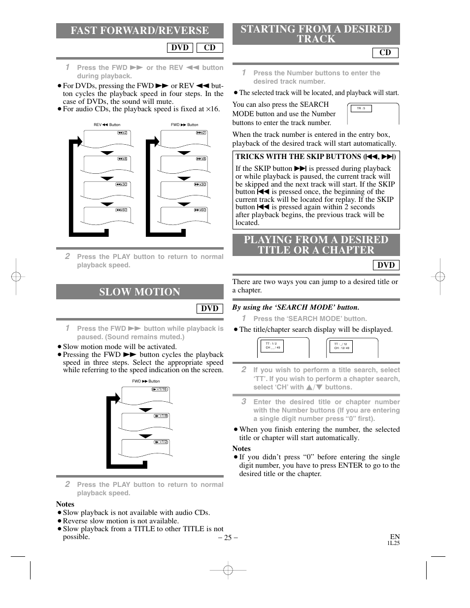 Fast forward/reverse, Slow motion, Starting from a desired track | Playing from a desired title or a chapter, Cd dvd | Sylvania DVC800CC User Manual | Page 25 / 42