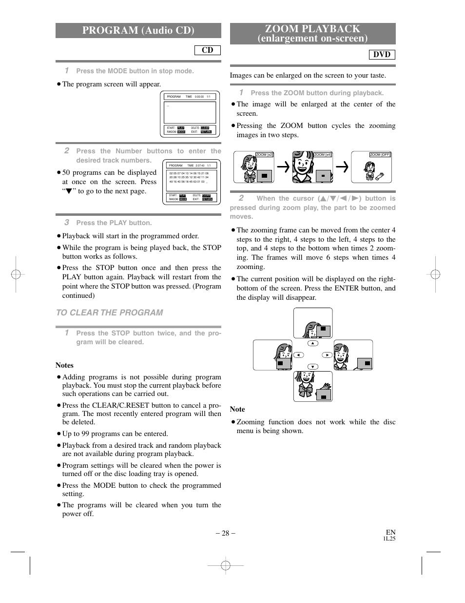 Program (audio cd), Zoom playback (enlargement on-screen) | Sylvania DVC800CC User Manual | Page 28 / 42