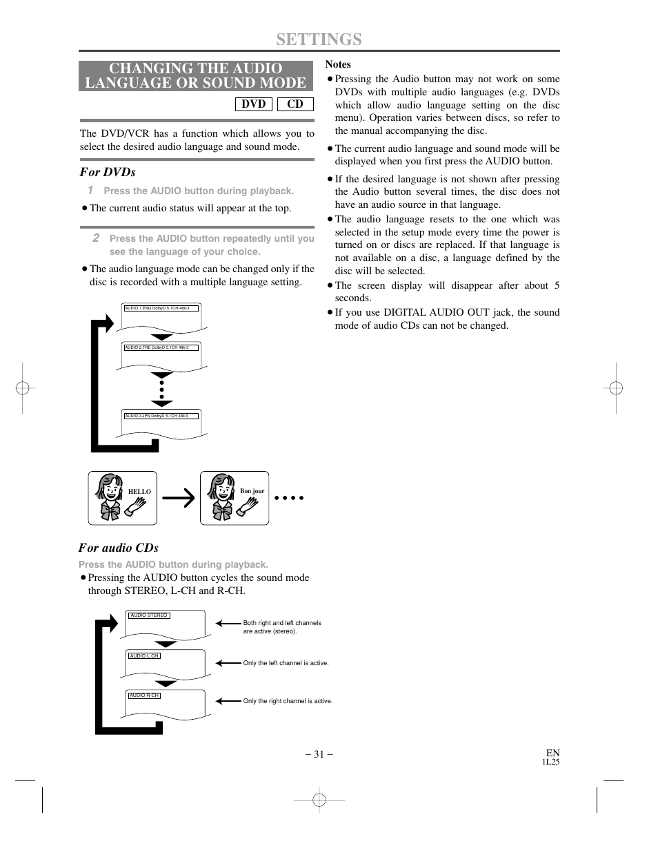 Settings, Changing the audio language or sound mode, For dvds | For audio cds | Sylvania DVC800CC User Manual | Page 31 / 42
