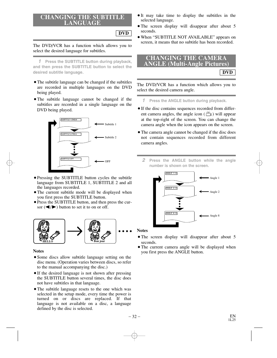 Changing the camera angle (multi-angle pictures), Changing the subtitle language | Sylvania DVC800CC User Manual | Page 32 / 42
