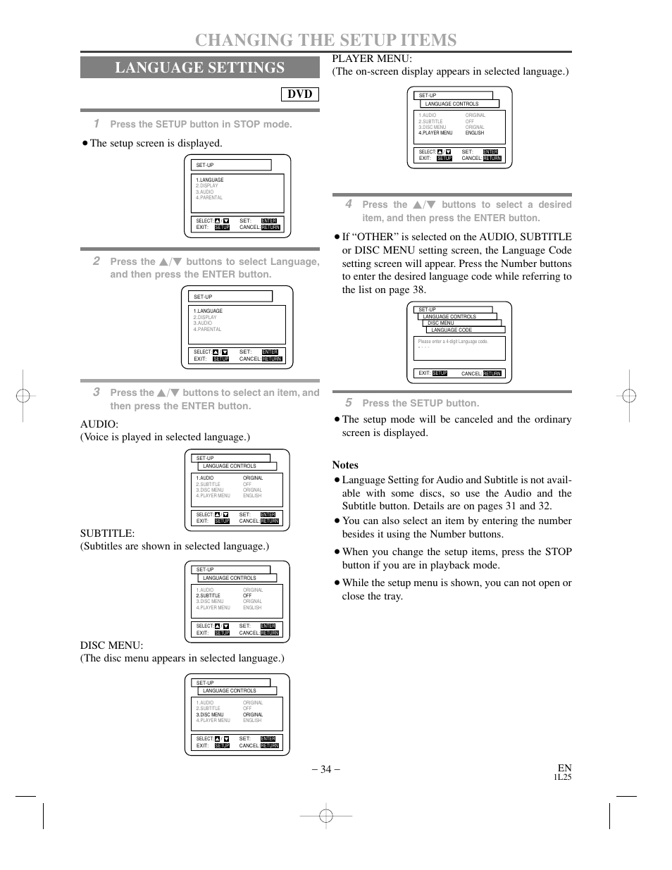 Changing the setup items, Language settings, The setup screen is displayed | Press the setup button in stop mode, Press the, Press the setup button | Sylvania DVC800CC User Manual | Page 34 / 42