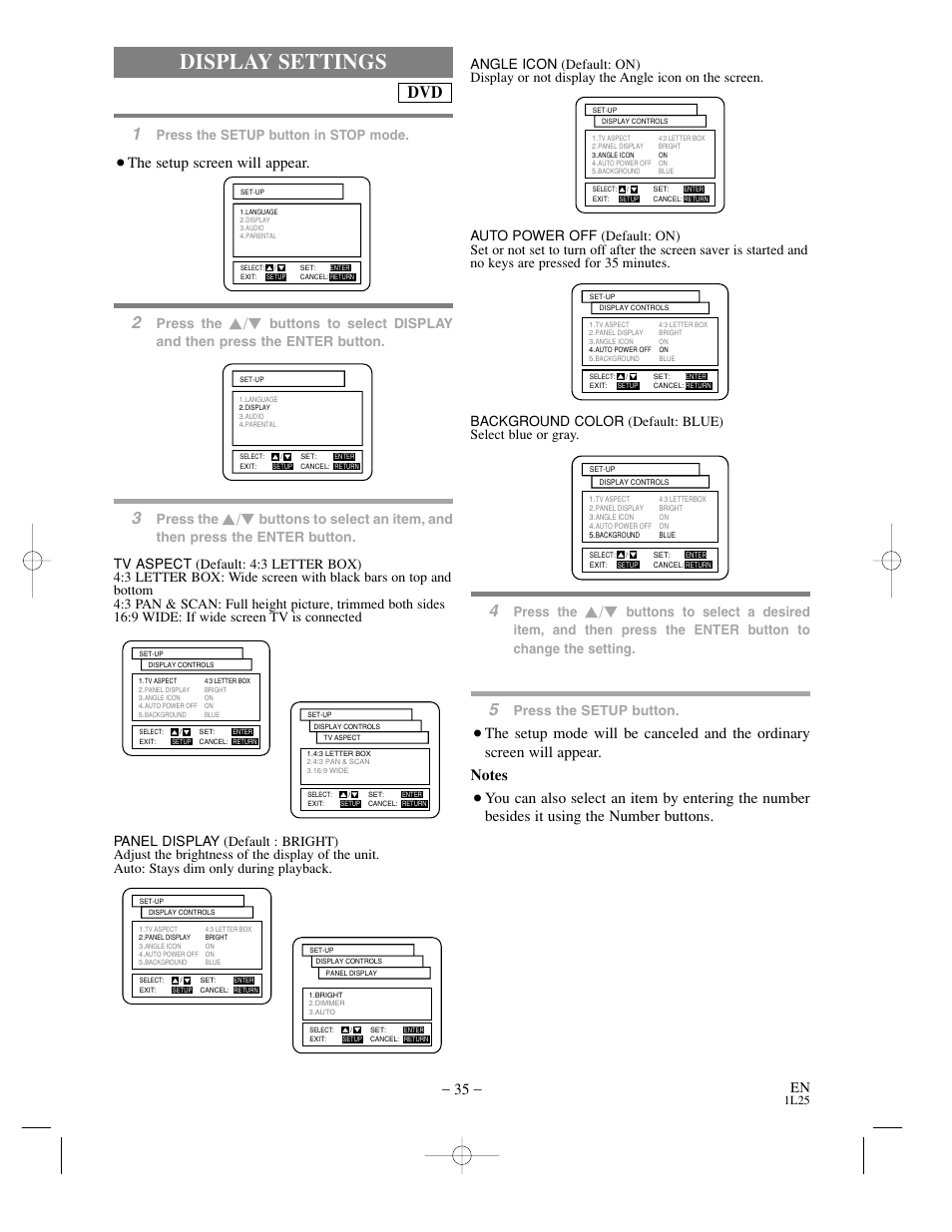Display settings, The setup screen will appear, Press the | Press the setup button, Press the setup button in stop mode | Sylvania DVC800CC User Manual | Page 35 / 42