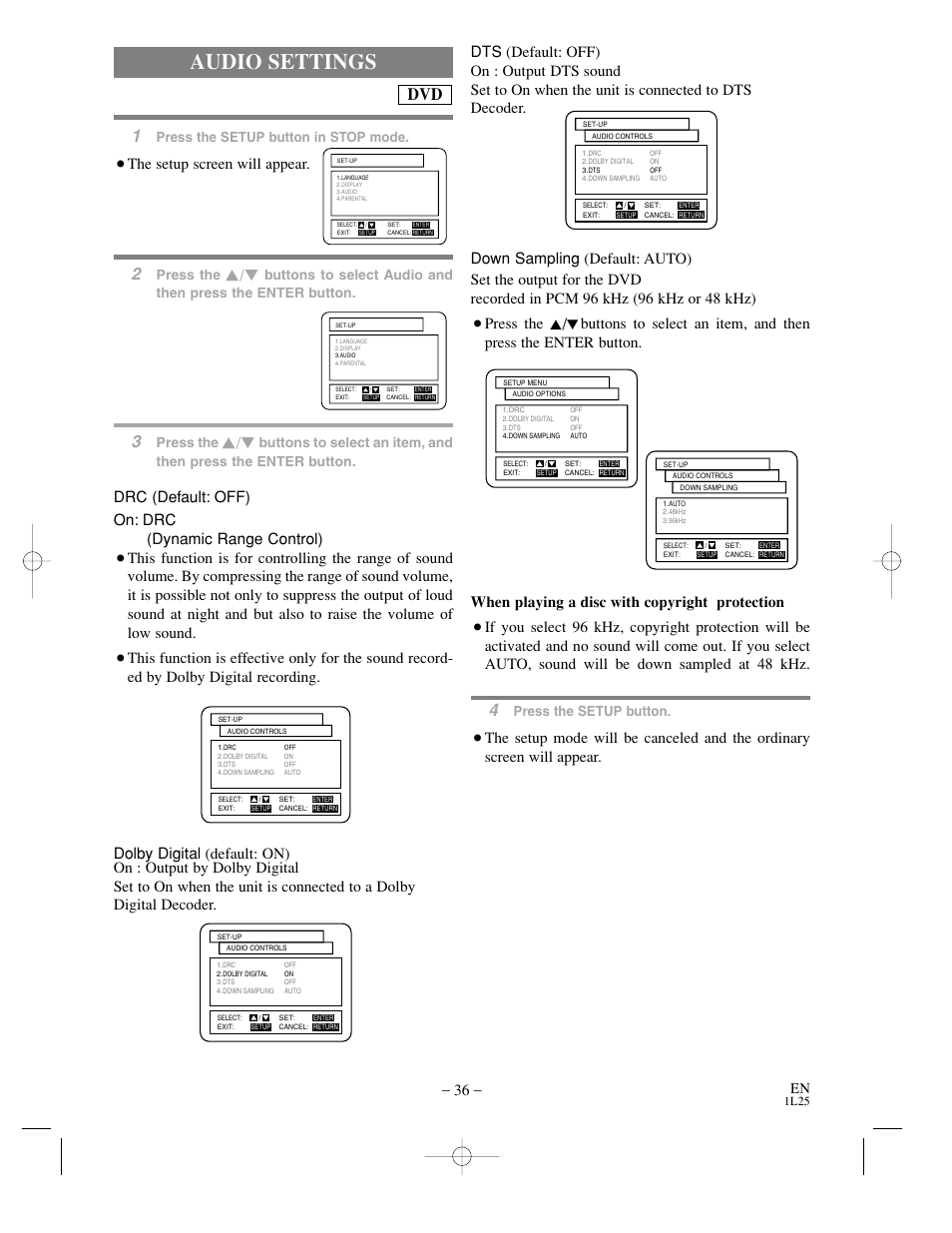 Audio settings, The setup screen will appear, Drc (default: off) on: drc (dynamic range control) | Press the setup button in stop mode, Press the, Press the setup button | Sylvania DVC800CC User Manual | Page 36 / 42