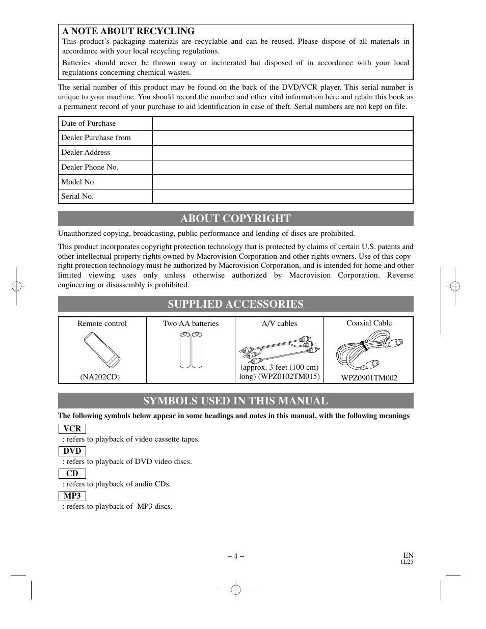 About copyright, Symbols used in this manual, Supplied accessories | Sylvania DVC800CC User Manual | Page 4 / 42