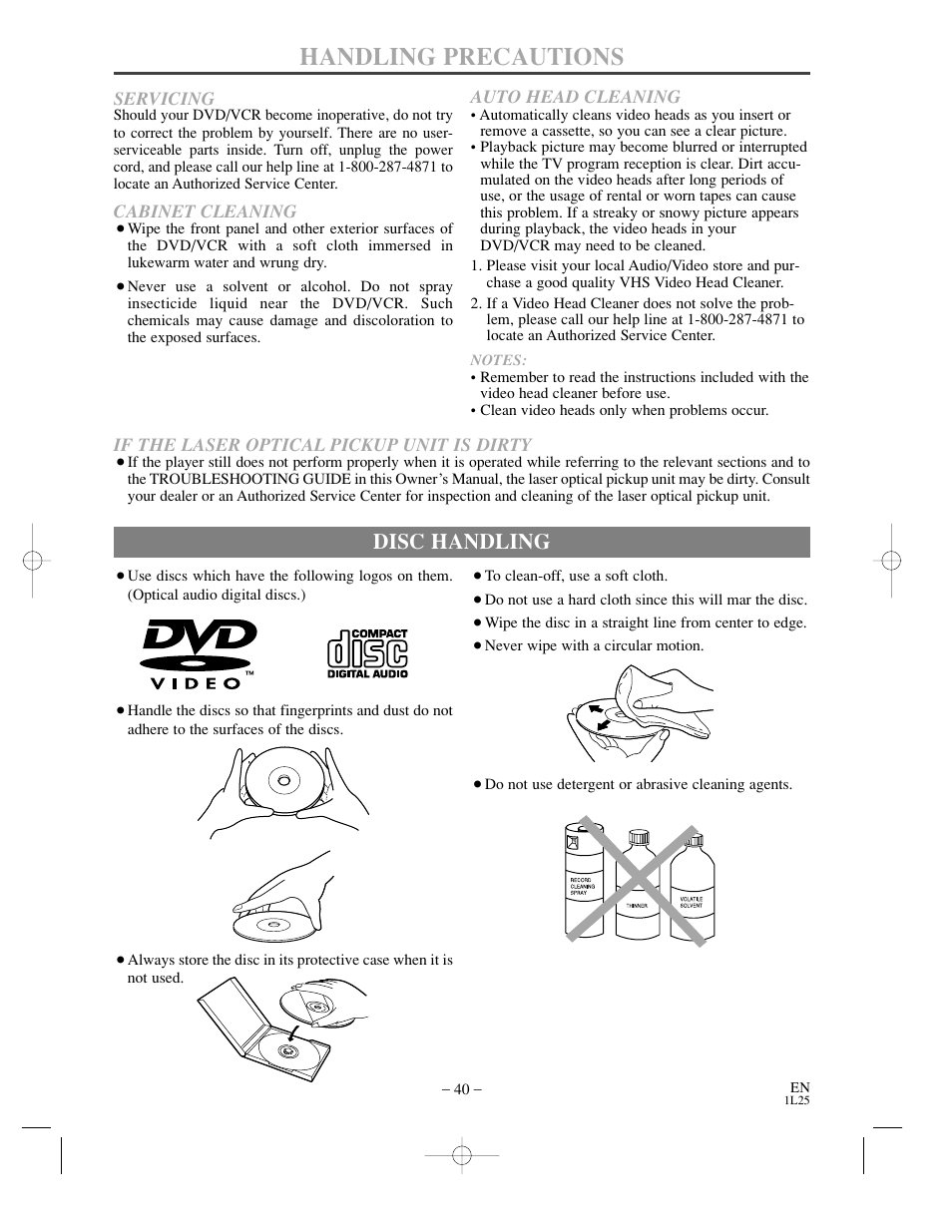 Handling precautions, Disc handling | Sylvania DVC800CC User Manual | Page 40 / 42