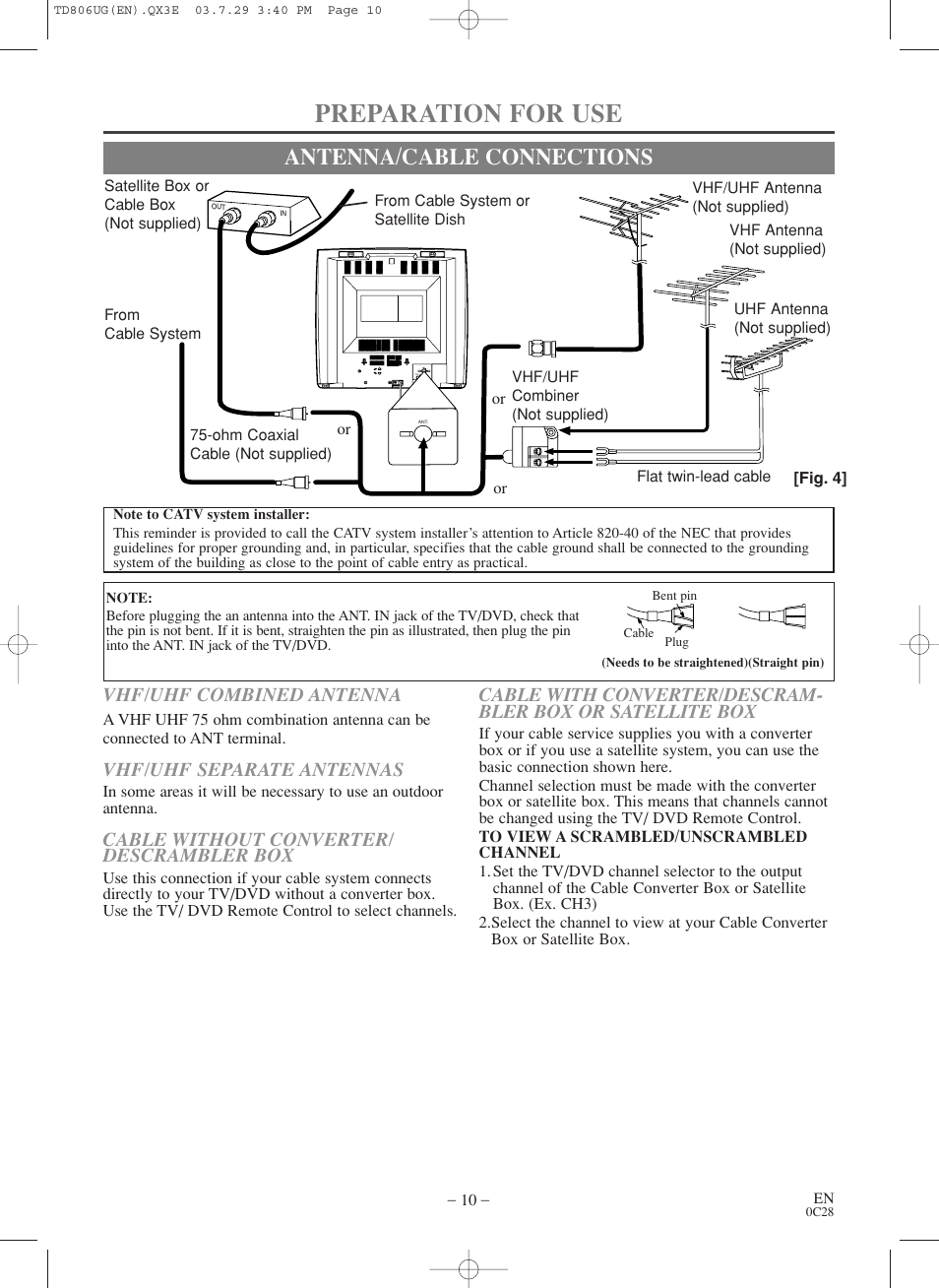 Preparation for use, Antenna/cable connections, Vhf/uhf combined antenna | Vhf/uhf separate antennas, Cable without converter/ descrambler box | Sylvania 6519VD User Manual | Page 10 / 34