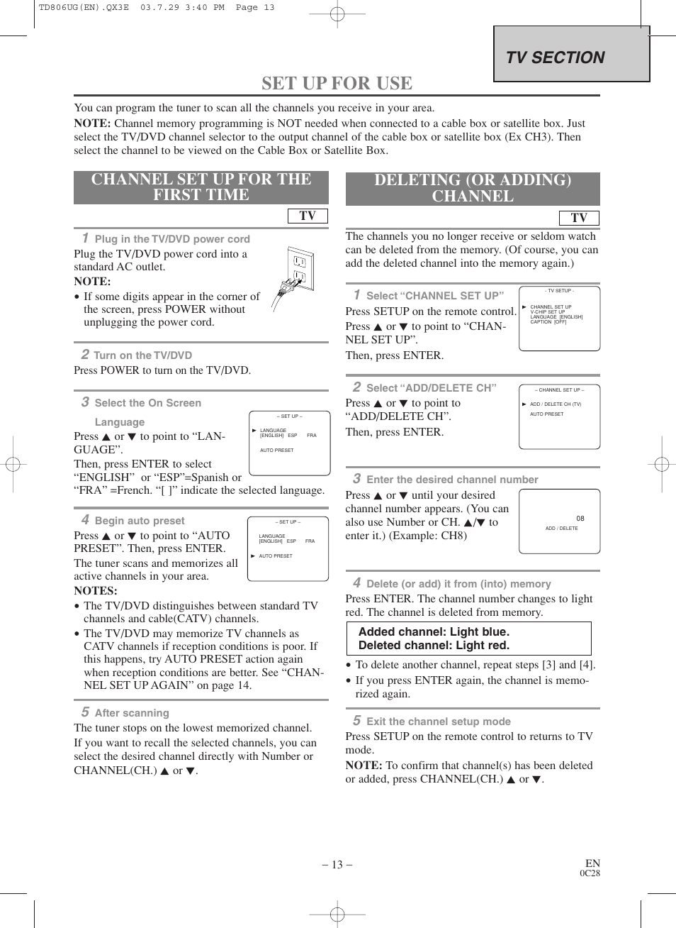 Set up for use, Channel set up for the first time, Deleting (or adding) channel | Sylvania 6519VD User Manual | Page 13 / 34