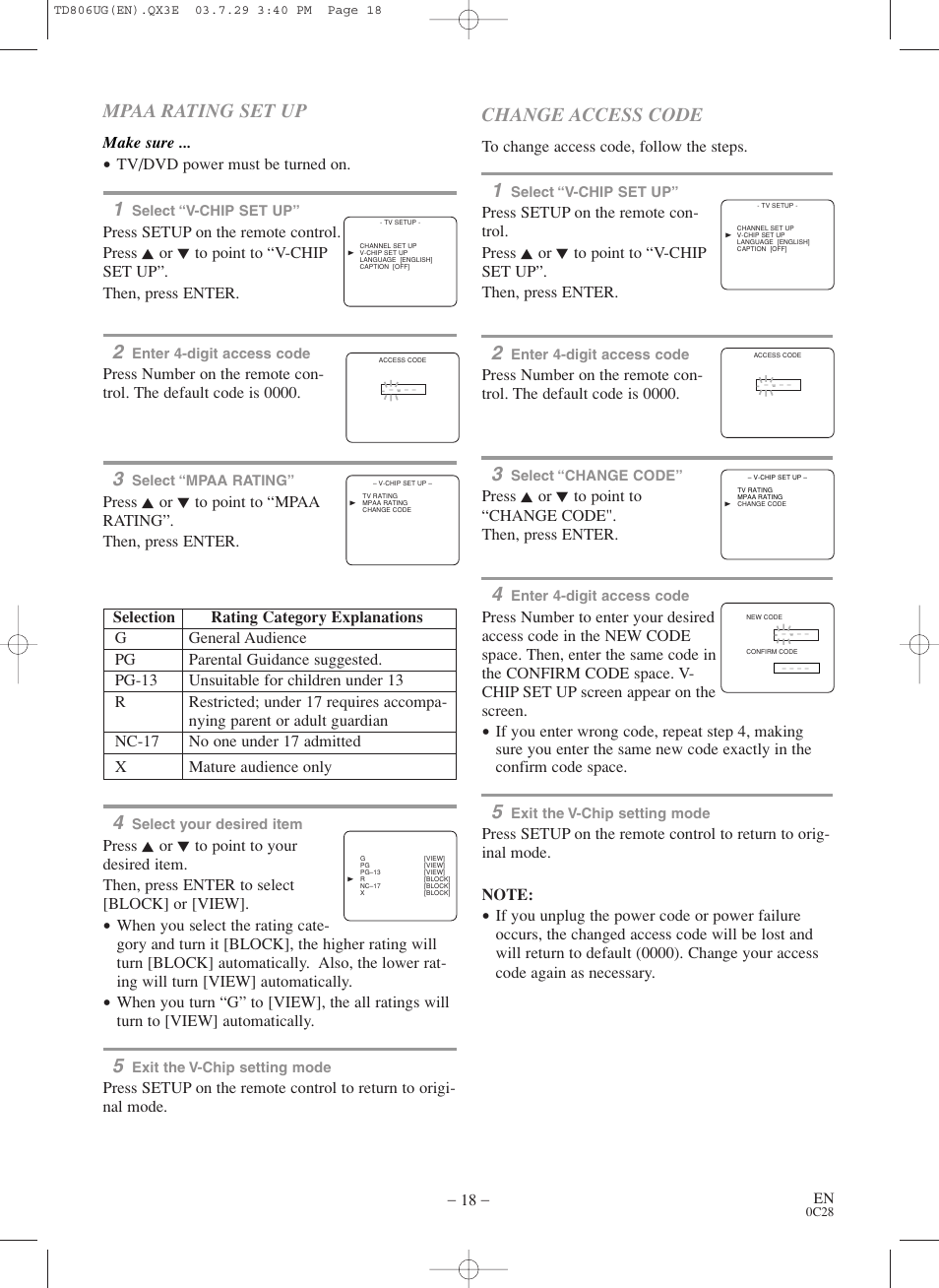 Mpaa rating set up, Change access code | Sylvania 6519VD User Manual | Page 18 / 34