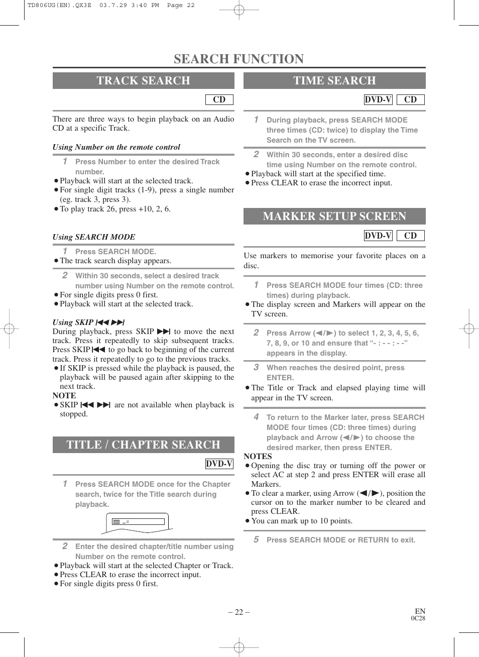 Search function, Track search, Title / chapter search | Time search, Marker setup screen | Sylvania 6519VD User Manual | Page 22 / 34