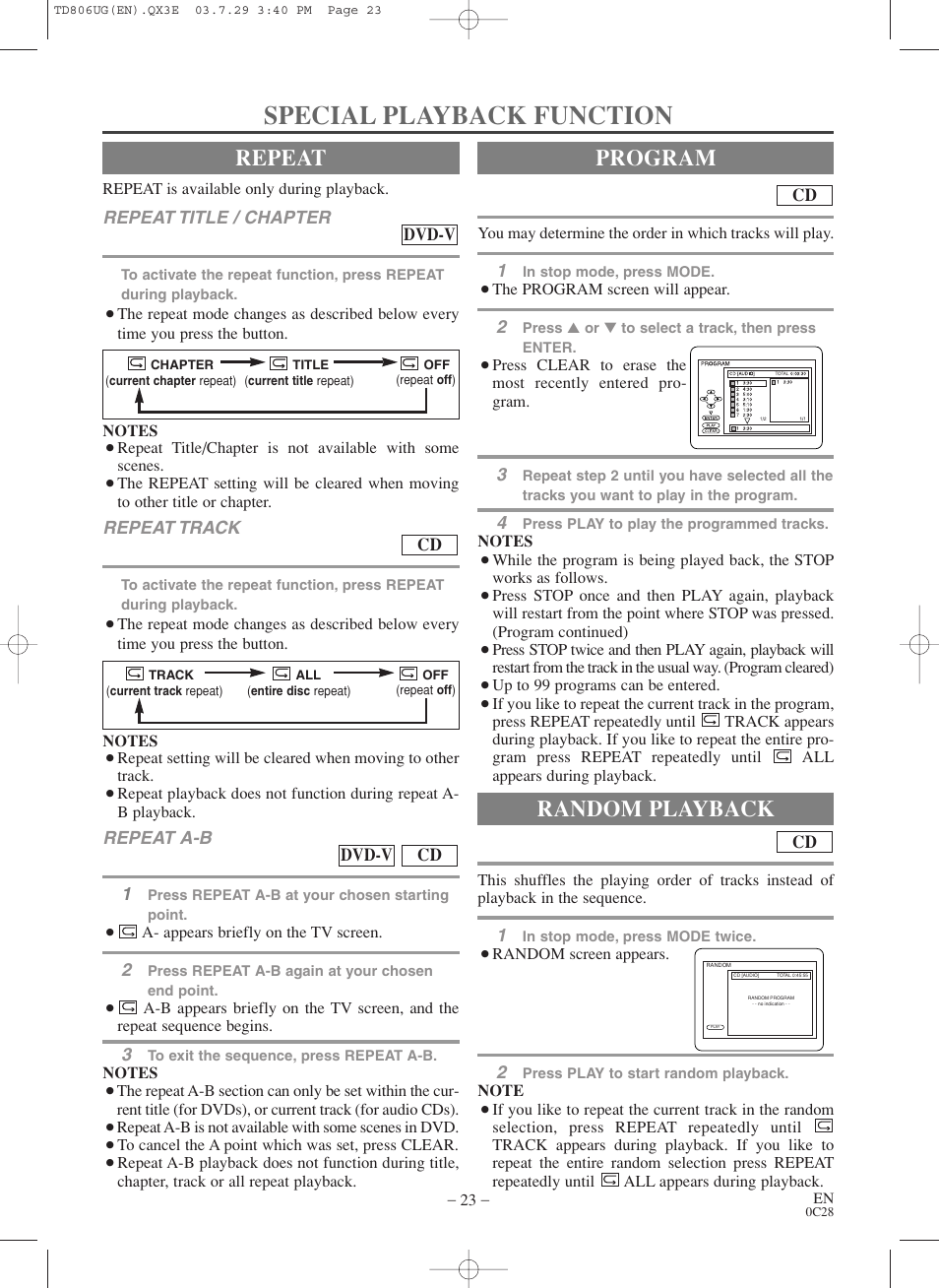 Special playback function, Repeat, Program | Random playback | Sylvania 6519VD User Manual | Page 23 / 34
