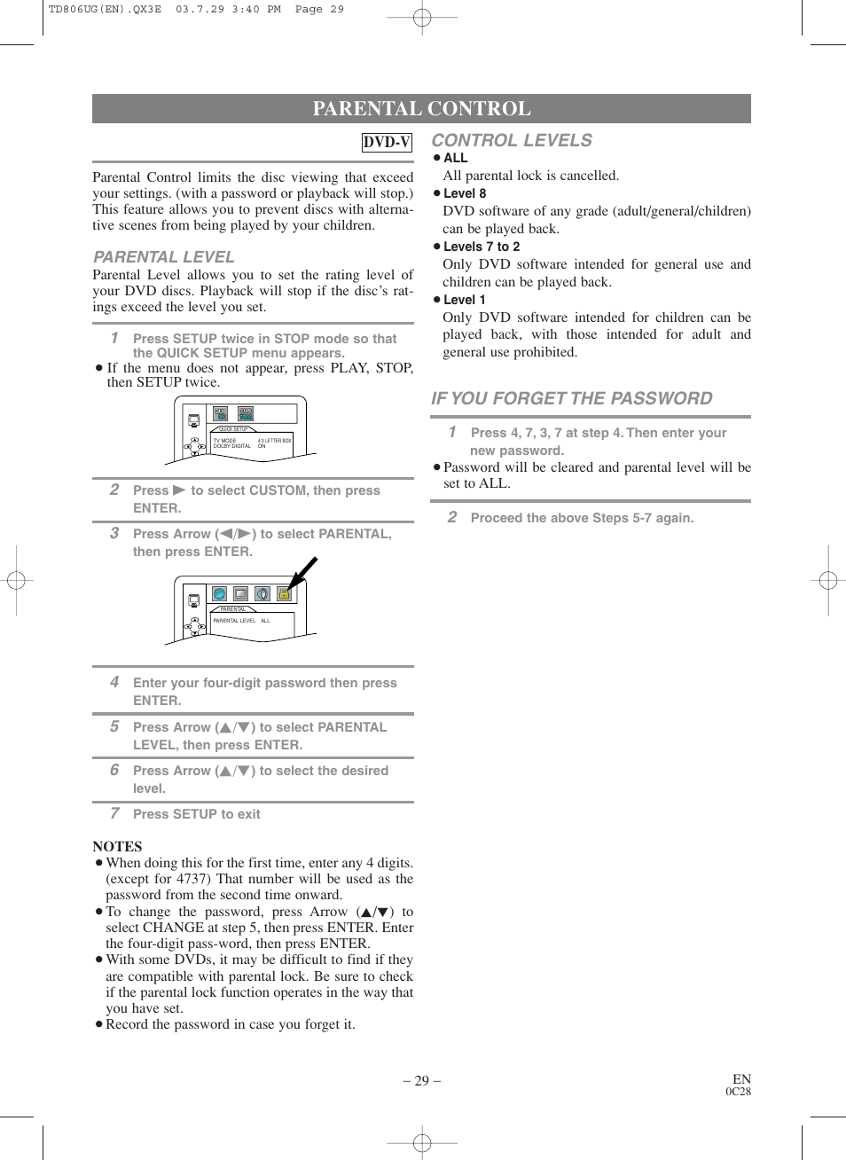 Parental control, Control levels, If you forget the password | Sylvania 6519VD User Manual | Page 29 / 34