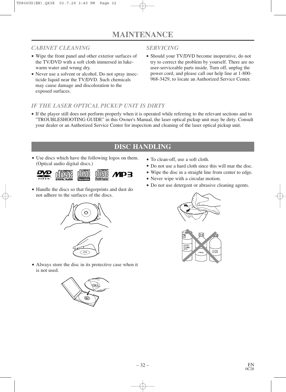 Maintenance, Disc handling | Sylvania 6519VD User Manual | Page 32 / 34