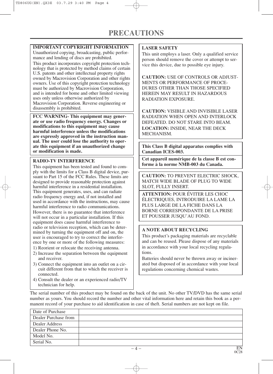 Precautions | Sylvania 6519VD User Manual | Page 4 / 34