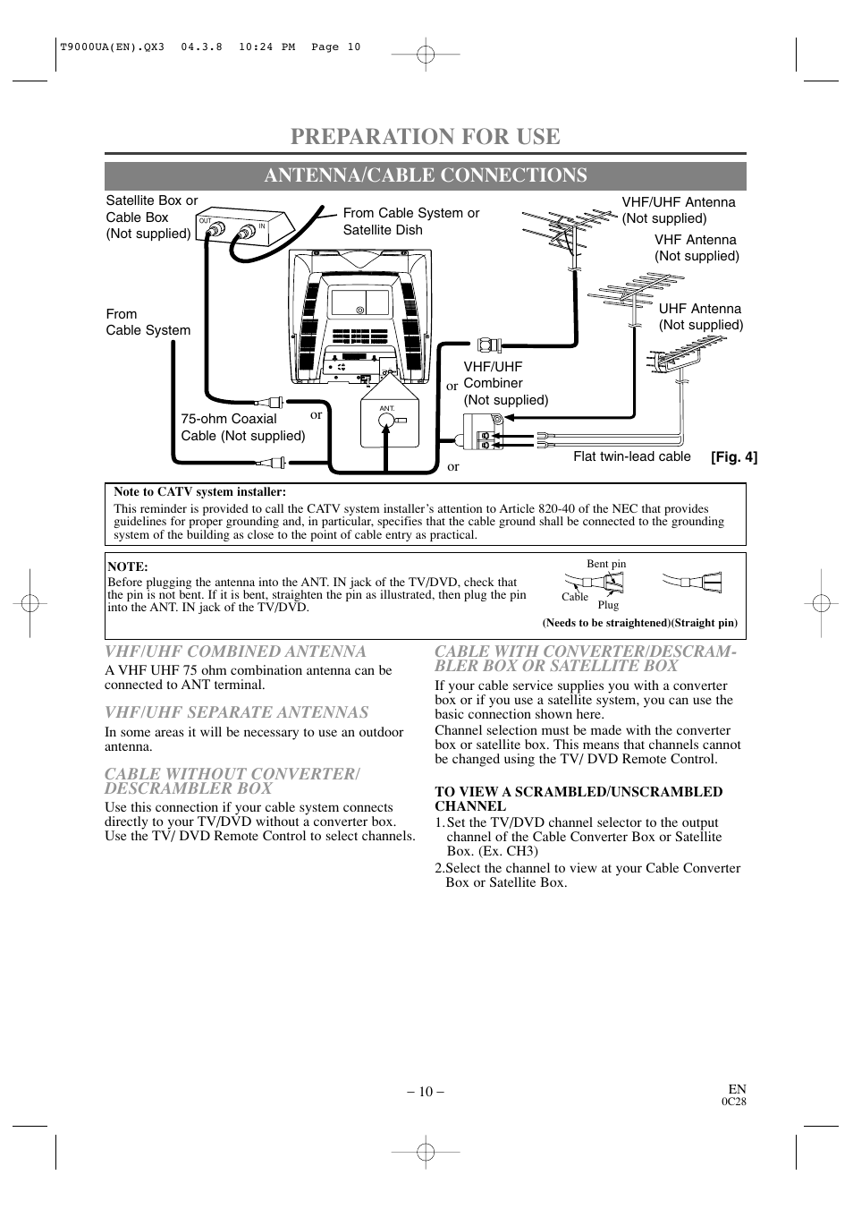 Preparation for use, Antenna/cable connections, Vhf/uhf combined antenna | Vhf/uhf separate antennas, Cable without converter/ descrambler box | Sylvania 6520FDE User Manual | Page 10 / 34