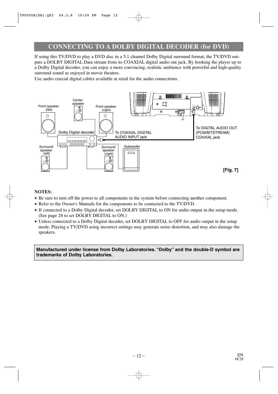 Connecting to a dolby digital decoder (for dvd) | Sylvania 6520FDE User Manual | Page 12 / 34