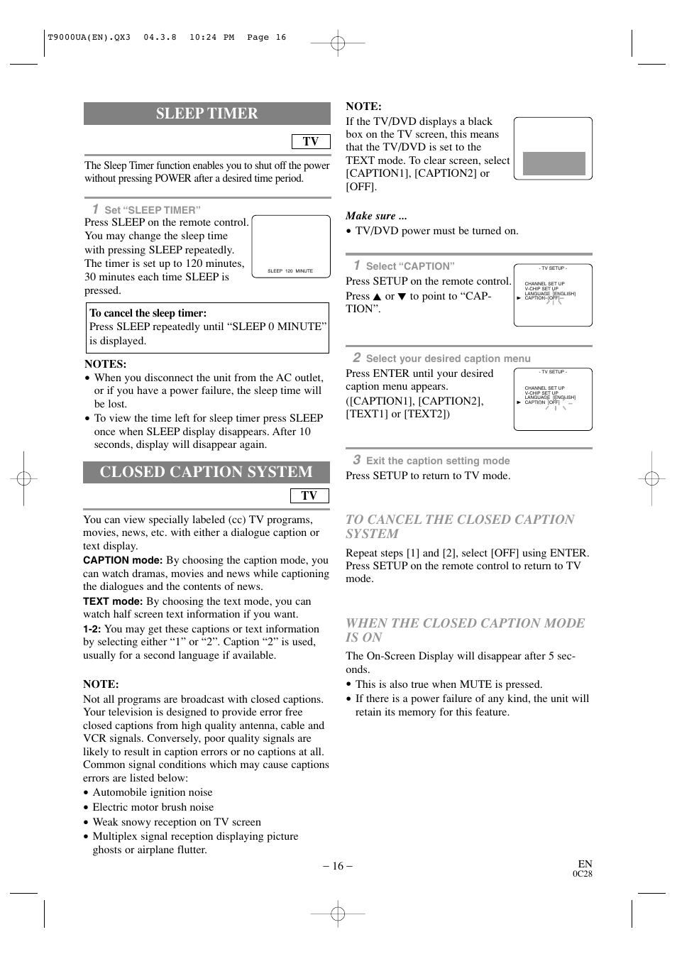 Closed caption system, Sleep timer | Sylvania 6520FDE User Manual | Page 16 / 34